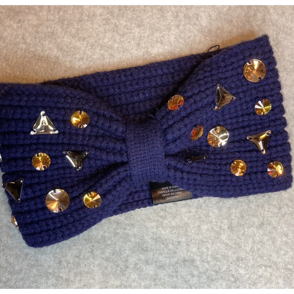 Anthropologie Chunky Knit Winter Ear Warmer Blue Bow Misha Embellished Headband
